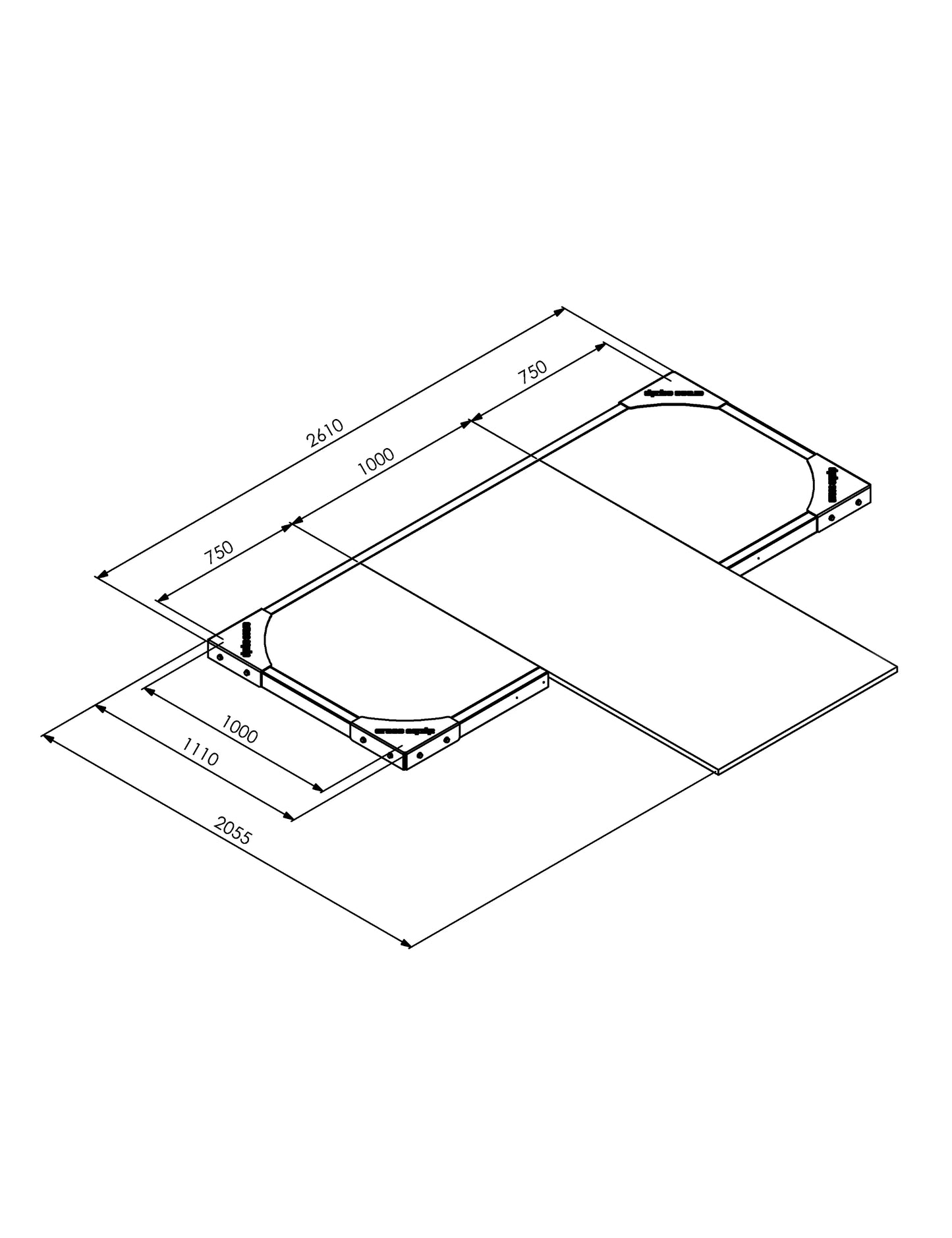 Lifting Plattform für Power Rack Advanced 5 cm – Masszeichnung mit Aussenmassen 260 x 211 cm inkl. Rack-Verlängerung