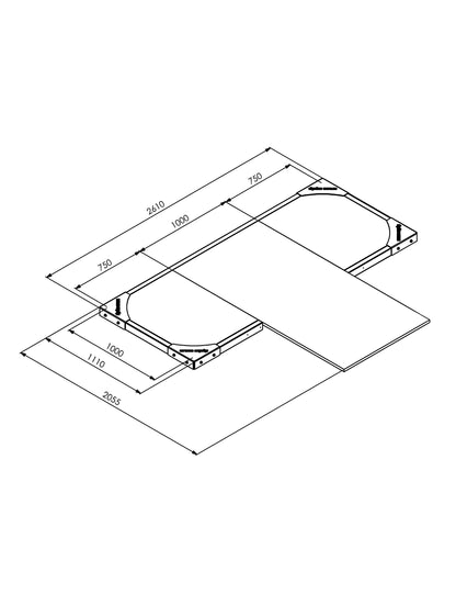 Lifting Plattform für Power Rack Advanced 5 cm – Masszeichnung mit Aussenmassen 260 x 211 cm inkl. Rack-Verlängerung
