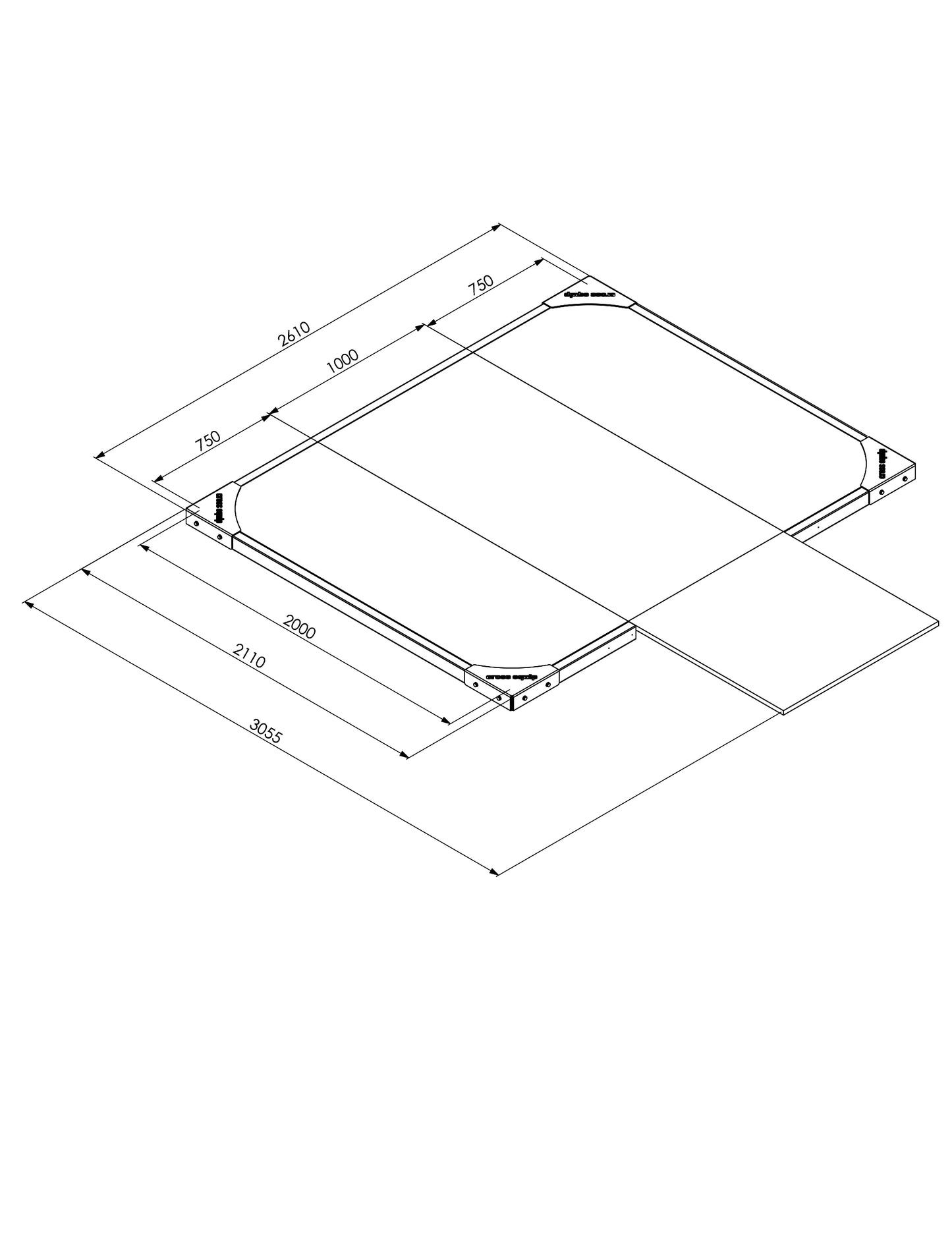 Lifting Plattform für Power Rack Advanced 5 cm – Masszeichnung 2m x 2.5m mit Aussenmassen 260 x 305 cm inkl. Rack-Verlängerung