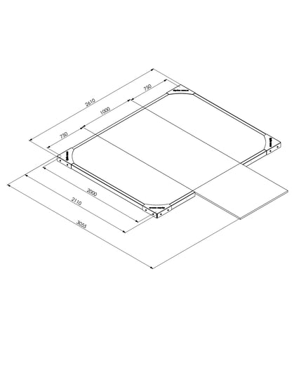 Lifting Plattform für Power Rack Advanced 5 cm – Masszeichnung 2m x 2.5m mit Aussenmassen 260 x 305 cm inkl. Rack-Verlängerung