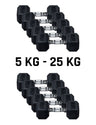 PVC Hex Kurzhantel Set 5–25 kg – 9 Paare schwarze Sechskant-Kurzhanteln mit verchromten gerändelten Griffen, in zwei Reihen aufgereiht