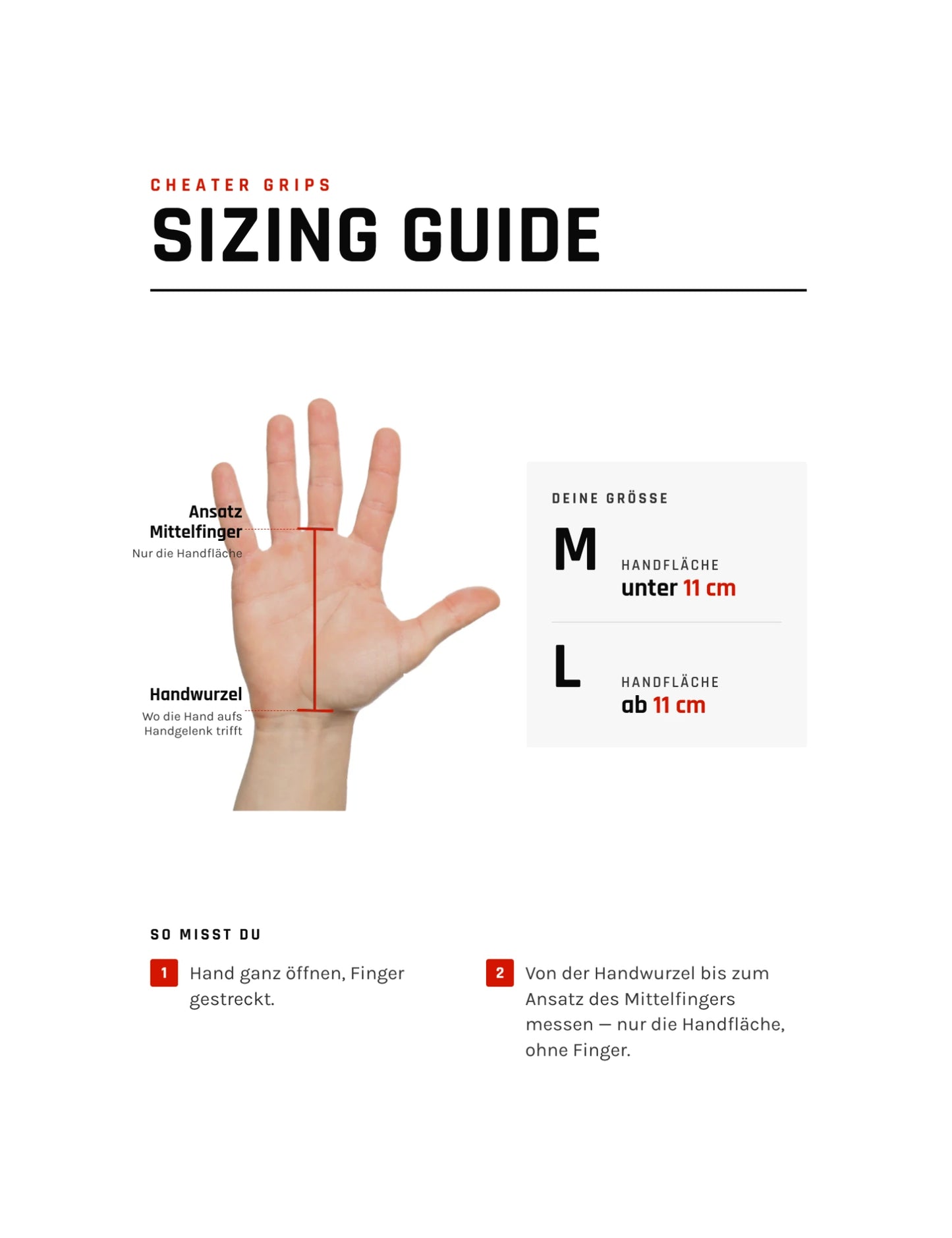 CHEATER GRIPS Sizing Guide – Handfläche von der Handwurzel bis zum Ansatz des Mittelfingers messen: unter 11 cm Grösse M, ab 11 cm Grösse L
