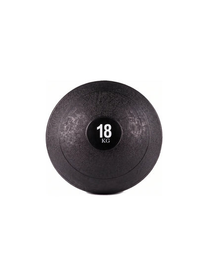 cross equip Slam Ball 18 kg – schwarzer, texturierter Slam Ball mit 18-KG-Gewichtsangabe, Frontansicht auf weissem Hintergrund