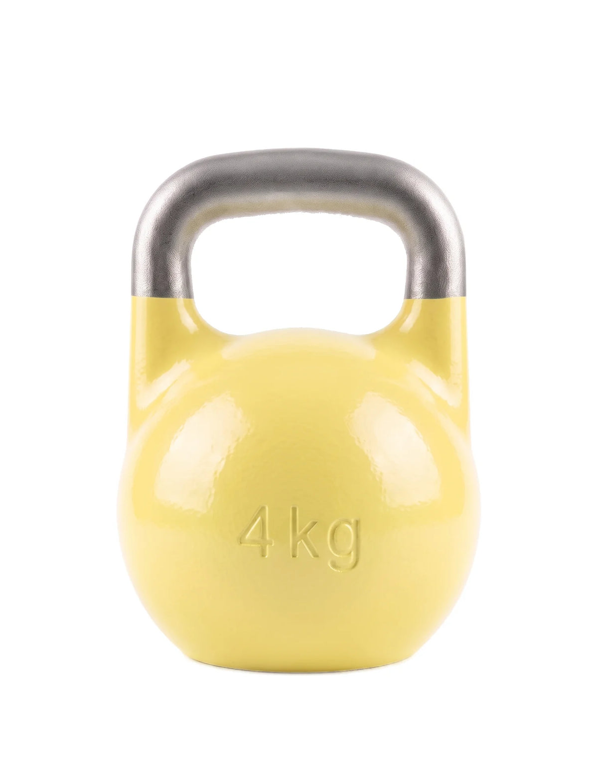 Rückseite der Mini Competition Kettlebell 4 kg – eingegossene Gewichtsangabe «4 kg» auf der gelben Kugel
