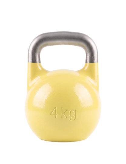 Rückseite der Mini Competition Kettlebell 4 kg – eingegossene Gewichtsangabe «4 kg» auf der gelben Kugel