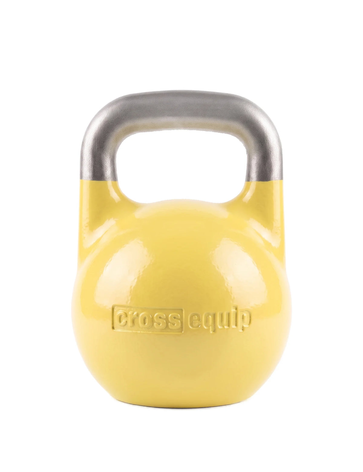 Mini Competition Kettlebell 4 kg freigestellt – gelb lackierte Kugel mit eingegossenem cross equip Logo, blanker gestrahlter Griff