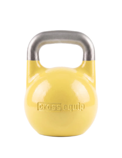 Mini Competition Kettlebell 4 kg freigestellt – gelb lackierte Kugel mit eingegossenem cross equip Logo, blanker gestrahlter Griff