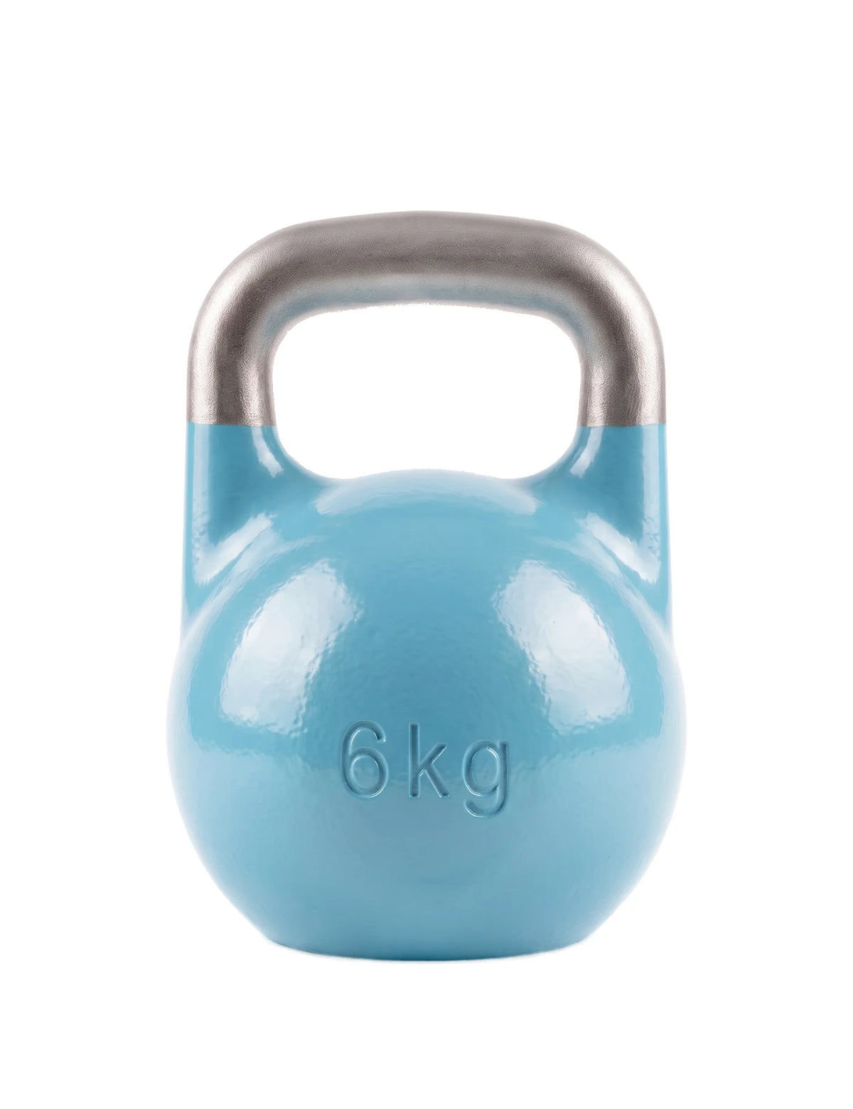 Rückseite der Mini Competition Kettlebell 6 kg – eingegossene Gewichtsangabe «6 kg» auf der hellblauen Kugel