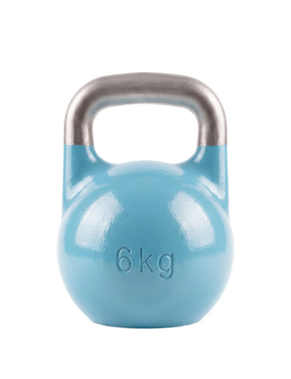 Rückseite der Mini Competition Kettlebell 6 kg – eingegossene Gewichtsangabe «6 kg» auf der hellblauen Kugel