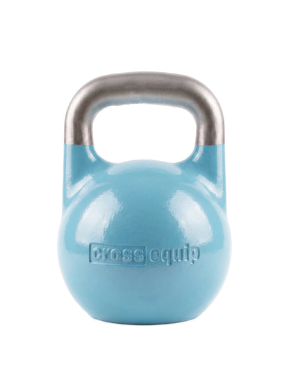 Mini Competition Kettlebell 6 kg freigestellt – hellblau lackierte Kugel mit eingegossenem cross equip Logo, blanker gestrahlter Griff