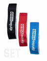 Stoff Hüft Band Set – die drei Grössen gefächert nebeneinander, Schwarz für L, Rot für M und Blau für S, dazu der Schriftzug SET