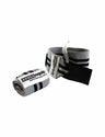 Wrist Wraps 2.0 Weiss – graue Handgelenkbandage mit schwarzen Streifen und Daumenschlinge, auf- und abgerollt