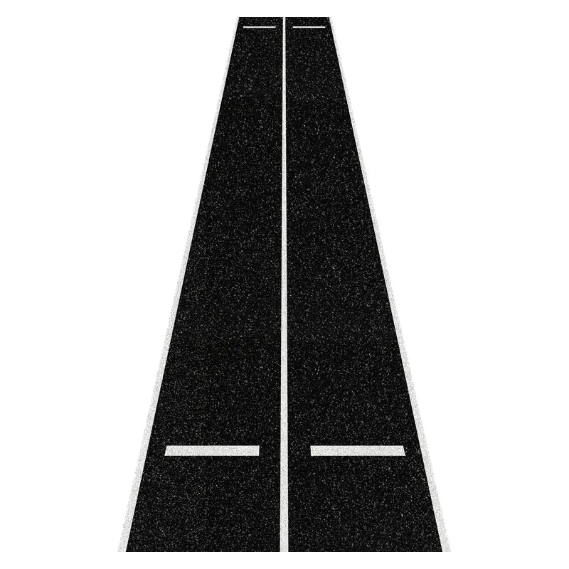 Hybrid Racing Turf von cross equip — schwarze Wettkampfbahn mit zwei Spuren, weisser Mittellinie und Start- und Zielmarkierung